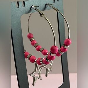NEW Sona Silver Pink Beaded Hoops with Star Charm.